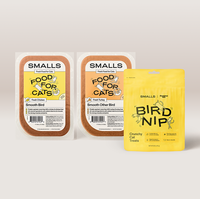 Smalls Poultry Sampler pack with fresh cat food recipes including chicken and turkey, plus a bag of Bird Nip crunchy cat treats.